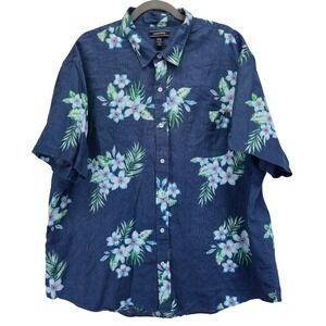 Lands End Mens Blue Floral Linen Short Sleeve Button Down Shirt XXL‎ Resortwear